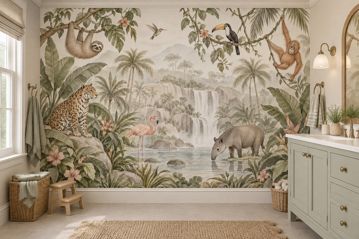 Tropical Jungle Animals Wallpaper Mural Watercolor: Soft Green Waterfalls