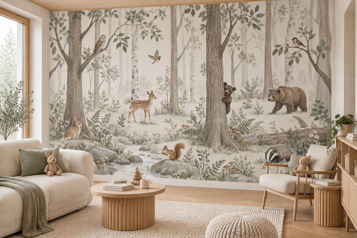 Watercolor Woodland Animals Wallpaper Mural Soft Sage Green Forest