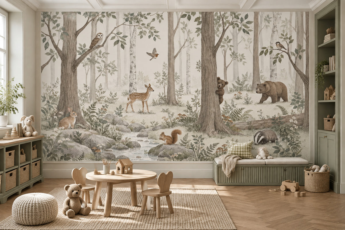 Watercolor Woodland Animals Wallpaper Mural Soft Sage Green Forest