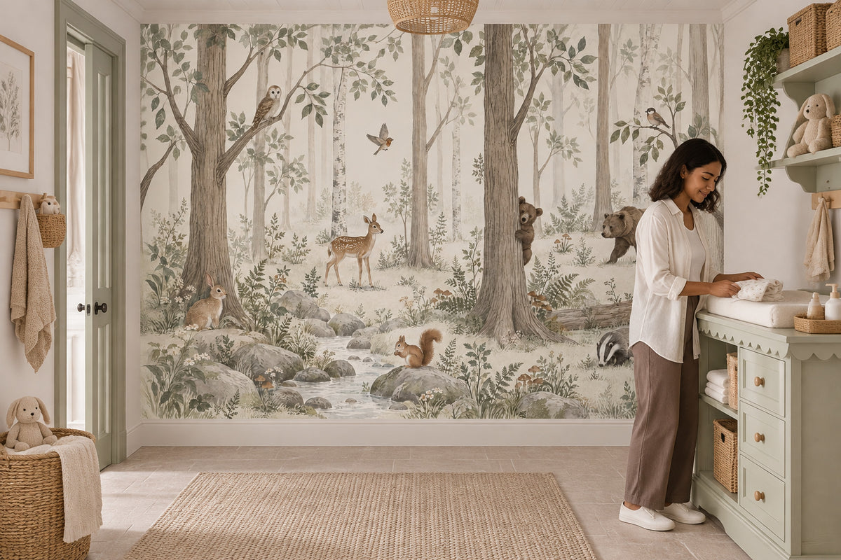Watercolor Woodland Animals Wallpaper Mural Soft Sage Green Forest