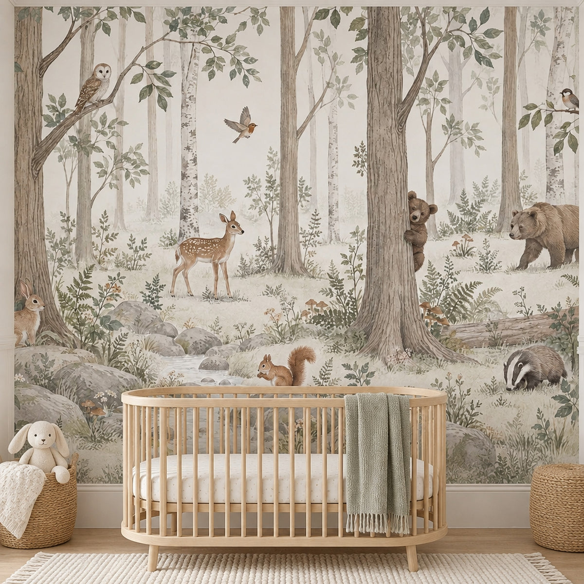 Watercolor Woodland Animals Wallpaper Mural Soft Sage Green Forest