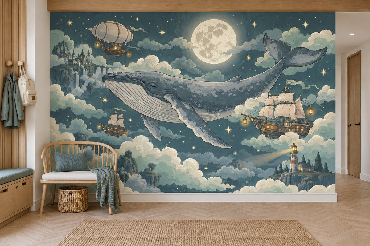 Flying Whale Wallpaper Mural In Teal Night Sky, Moonlit Fantasy