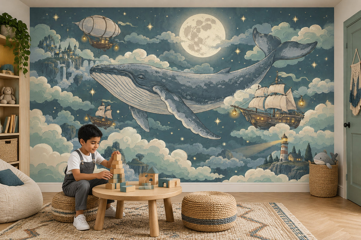 Flying Whale Wallpaper Mural In Teal Night Sky, Moonlit Fantasy