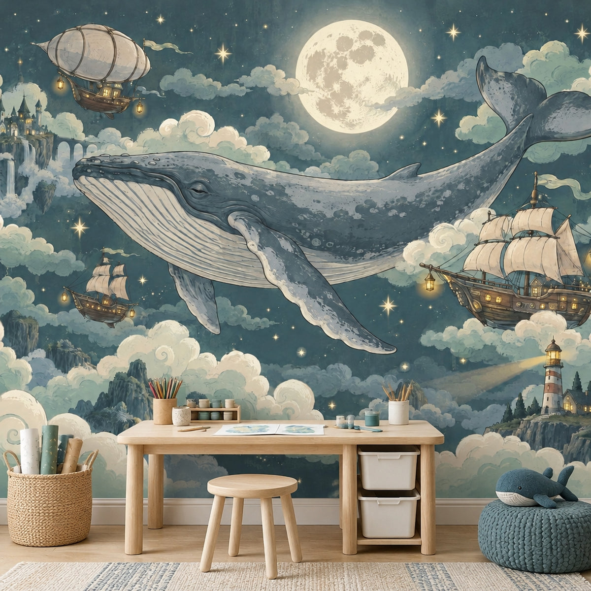 Flying Whale Wallpaper Mural In Teal Night Sky, Moonlit Fantasy