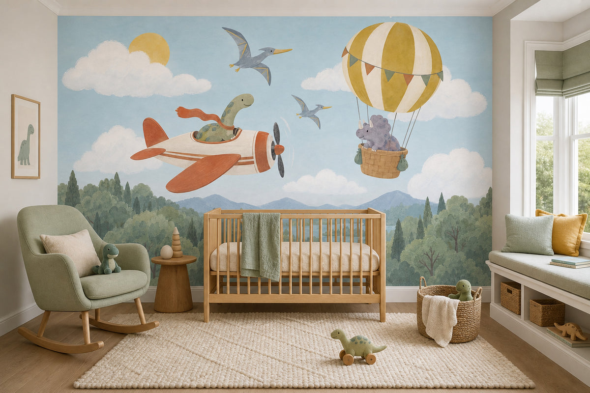 Dinosaur Airplane And Hot Air Balloon Wallpaper Mural Pastel Watercolor Sky
