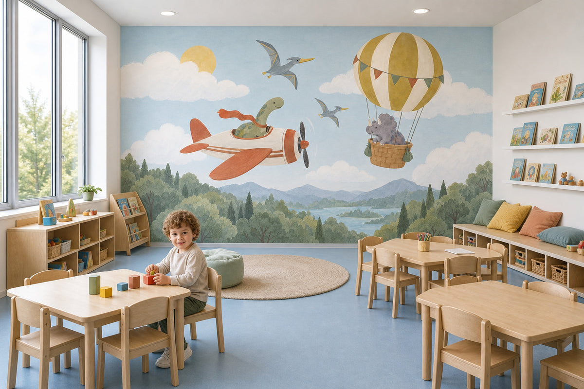 Dinosaur Airplane And Hot Air Balloon Wallpaper Mural Pastel Watercolor Sky