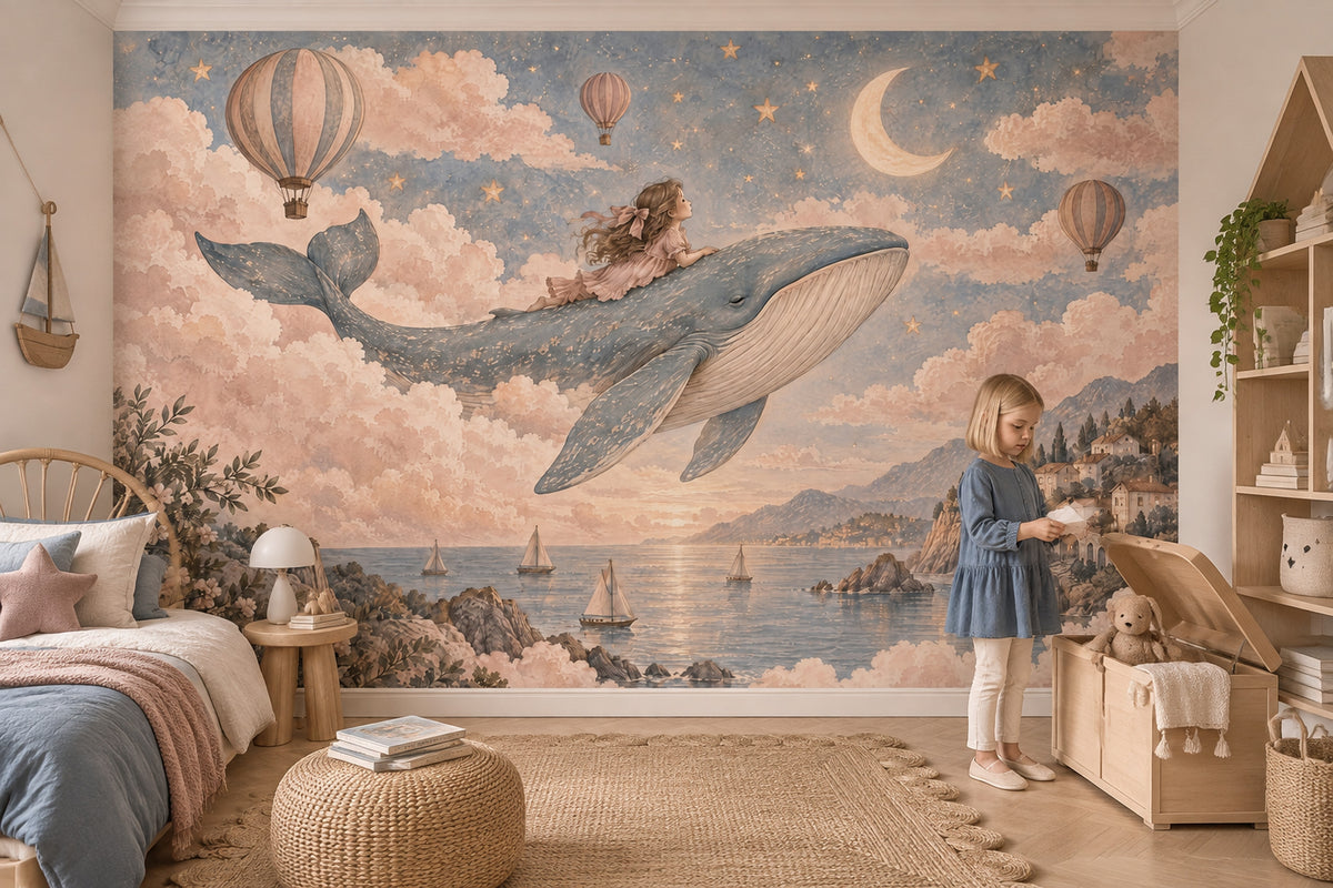 Flying Whale And Girl Wallpaper Mural Pastel Watercolor Fantasy