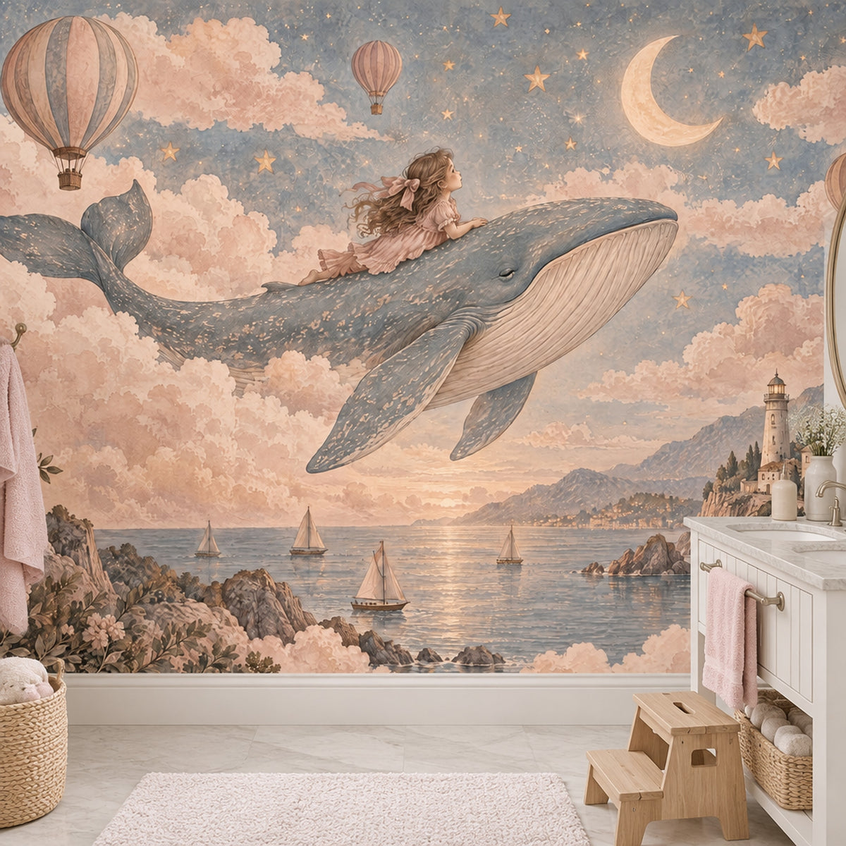 Flying Whale And Girl Wallpaper Mural Pastel Watercolor Fantasy