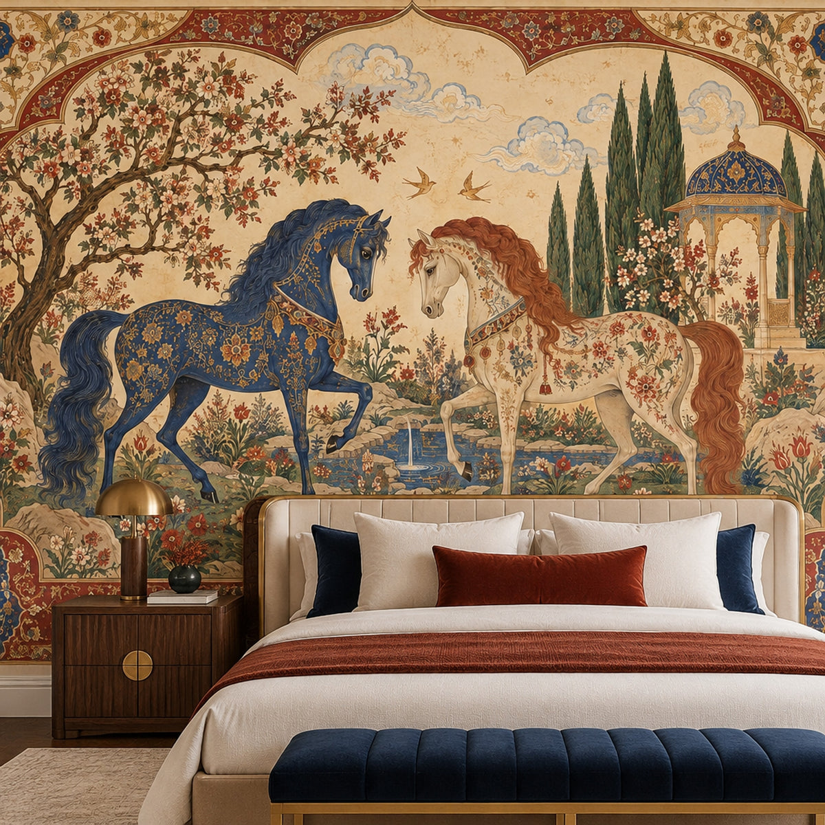 Ornate Horses In A Persian Garden Wallpaper Mural, Navy And Burgundy Vintage Inspired Manuscript Style