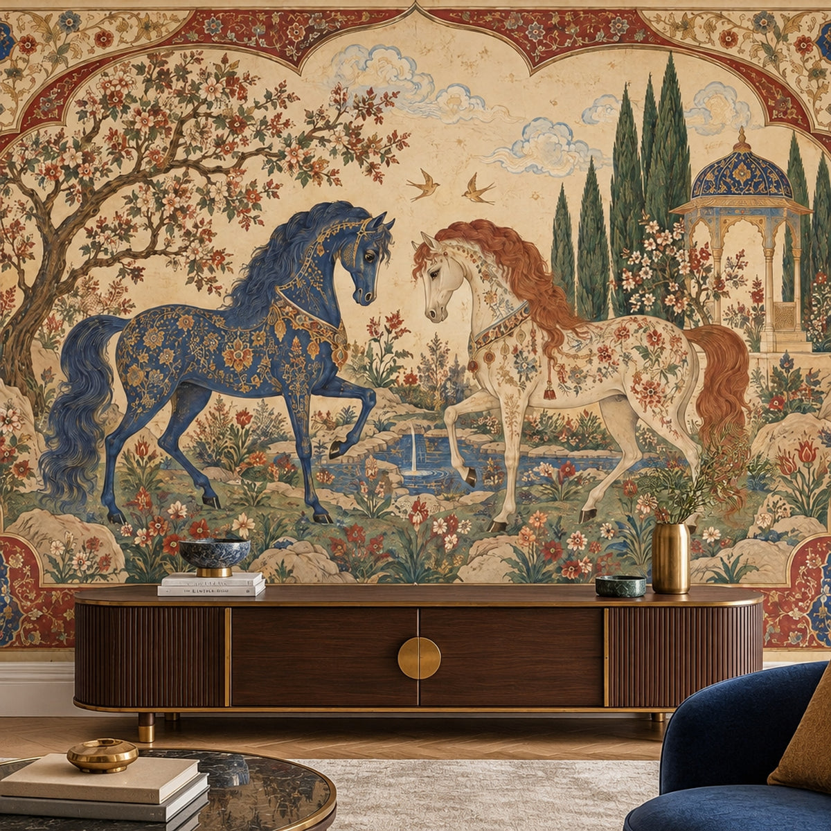 Ornate Horses In A Persian Garden Wallpaper Mural, Navy And Burgundy Vintage Inspired Manuscript Style