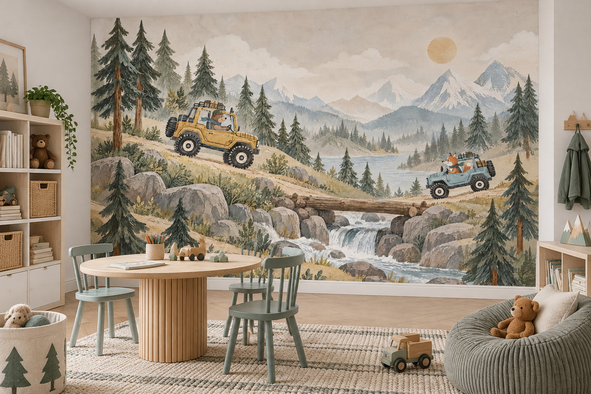 Bear And Fox Off Road Adventure Wallpaper Mural Watercolor Landscape