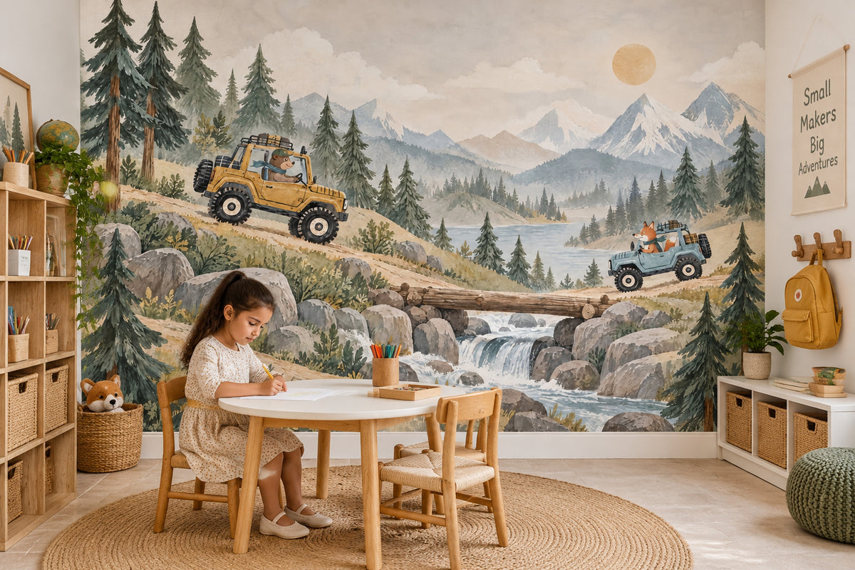 Bear And Fox Off Road Adventure Wallpaper Mural Watercolor Landscape