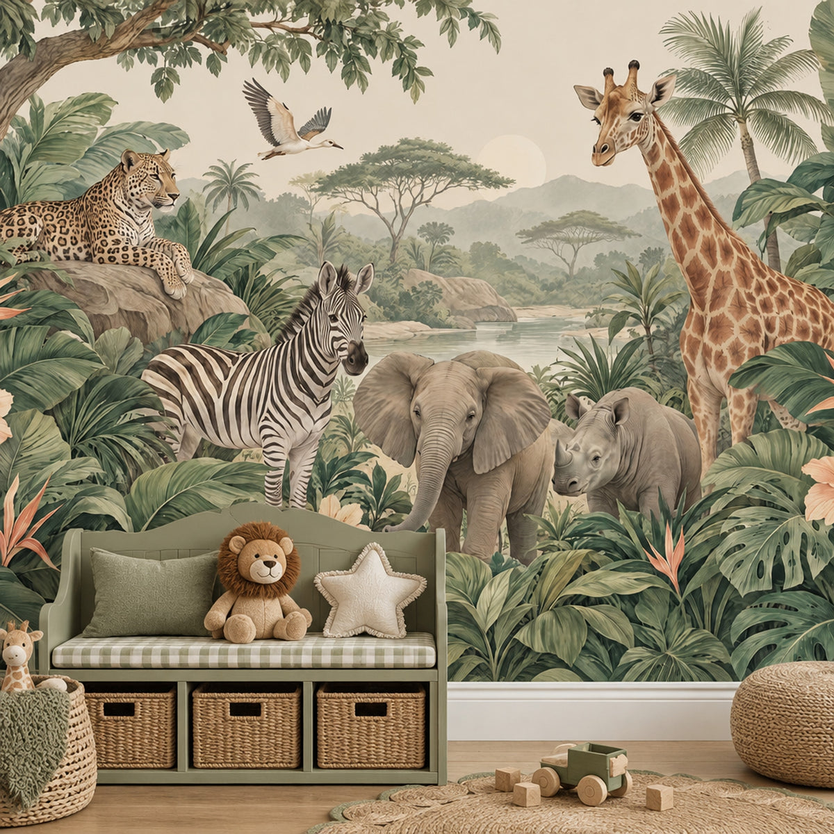 Tropical Safari Animals Wallpaper Mural Vintage Inspired Botanical Green Landscape