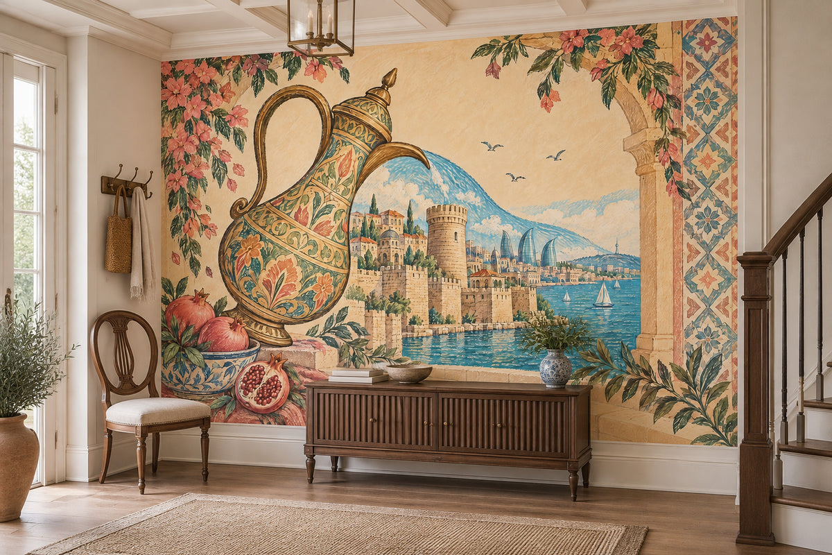 Ornate Ewer And Pomegranates Wallpaper Mural, Vintage Inspired Coastal Cityscape