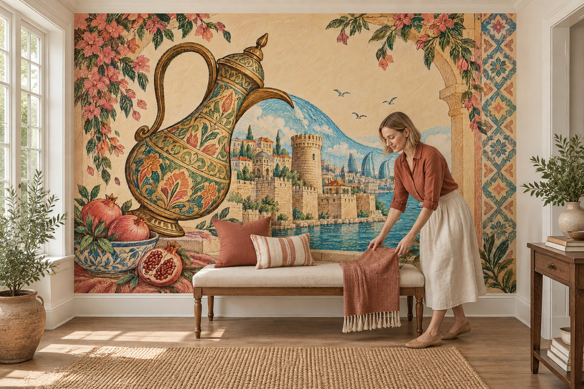 Ornate Ewer And Pomegranates Wallpaper Mural, Vintage Inspired Coastal Cityscape