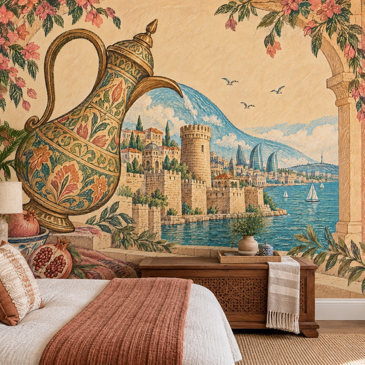 Ornate Ewer And Pomegranates Wallpaper Mural, Vintage Inspired Coastal Cityscape