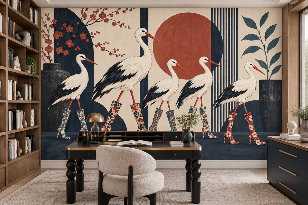Storks In Floral Boots Wallpaper Mural, Japanese Inspired Navy And Terracotta
