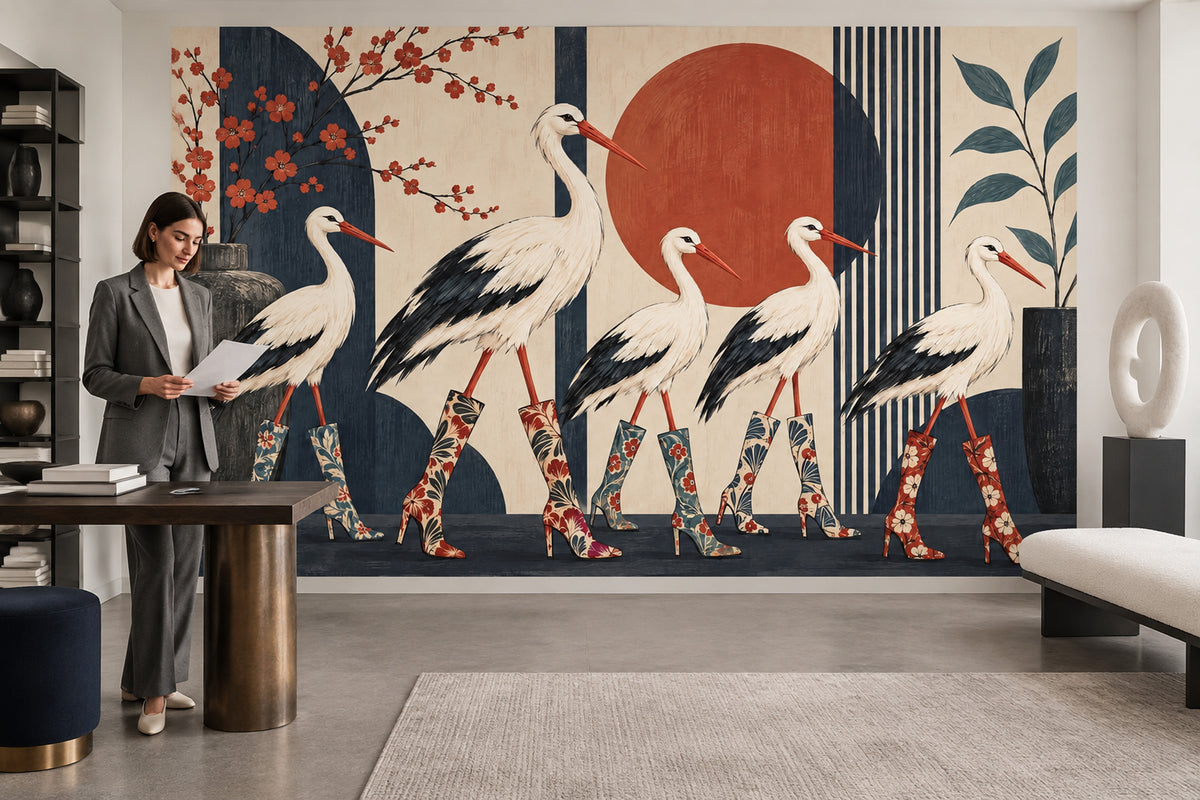 Storks In Floral Boots Wallpaper Mural, Japanese Inspired Navy And Terracotta