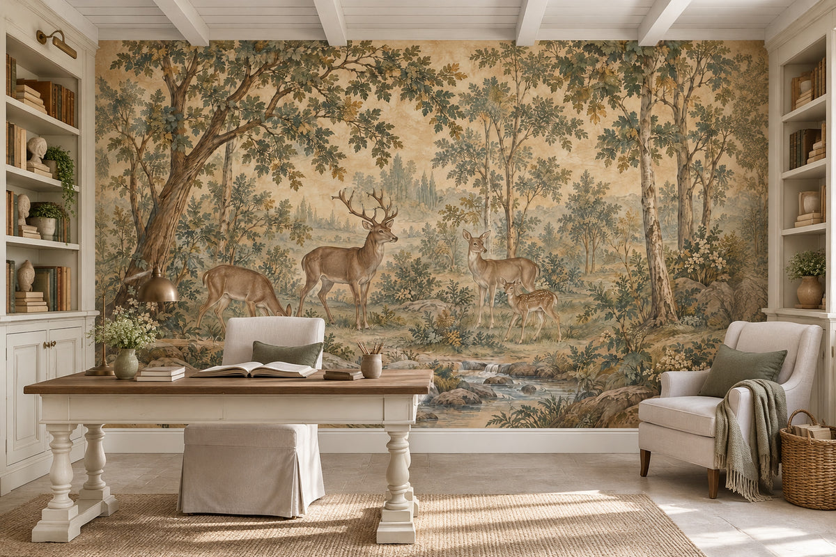 Deer Family Forest Wallpaper Mural Beige Vintage Inspired Pastoral