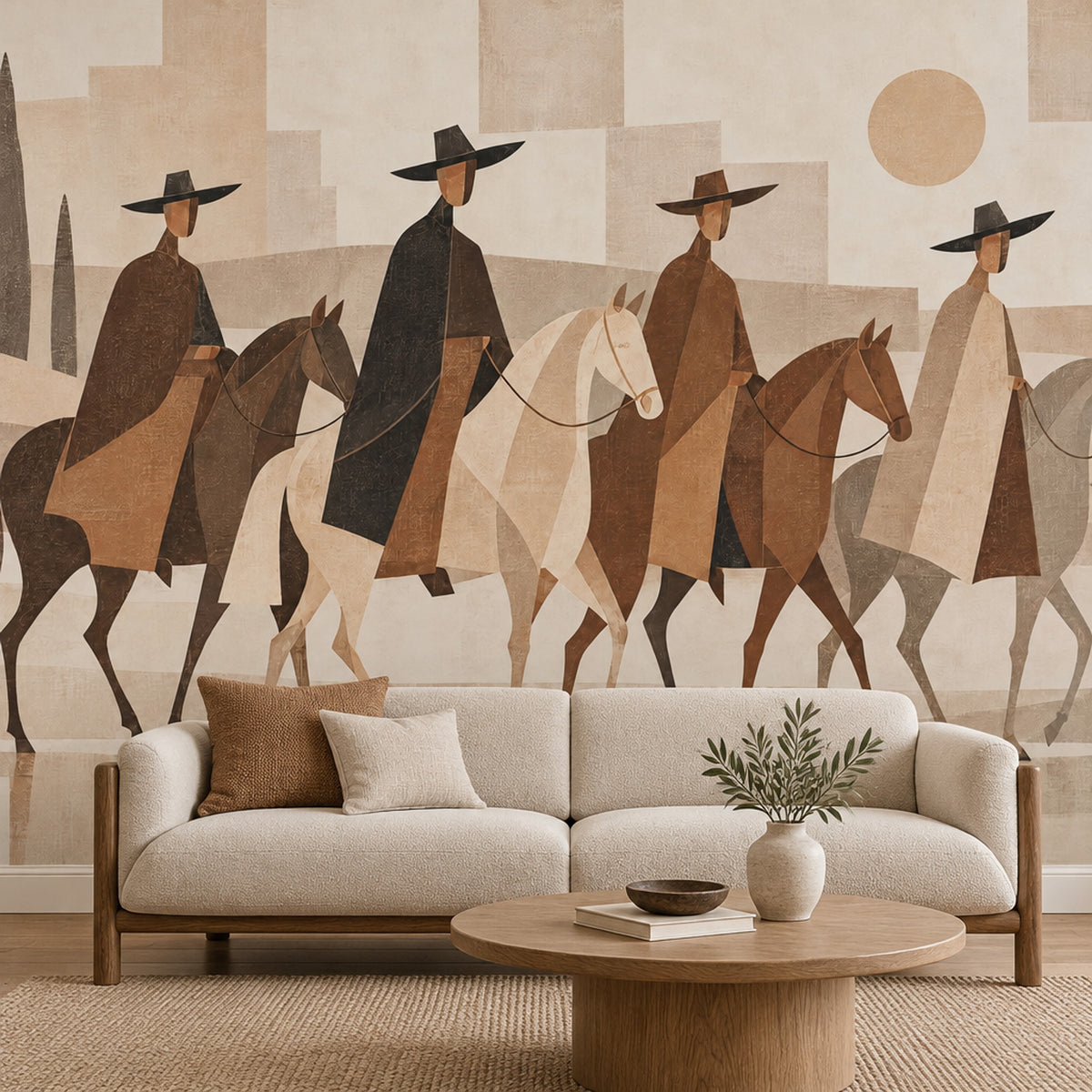 Abstract Horse Riders Wallpaper Mural In Beige Rustic Geometric Style