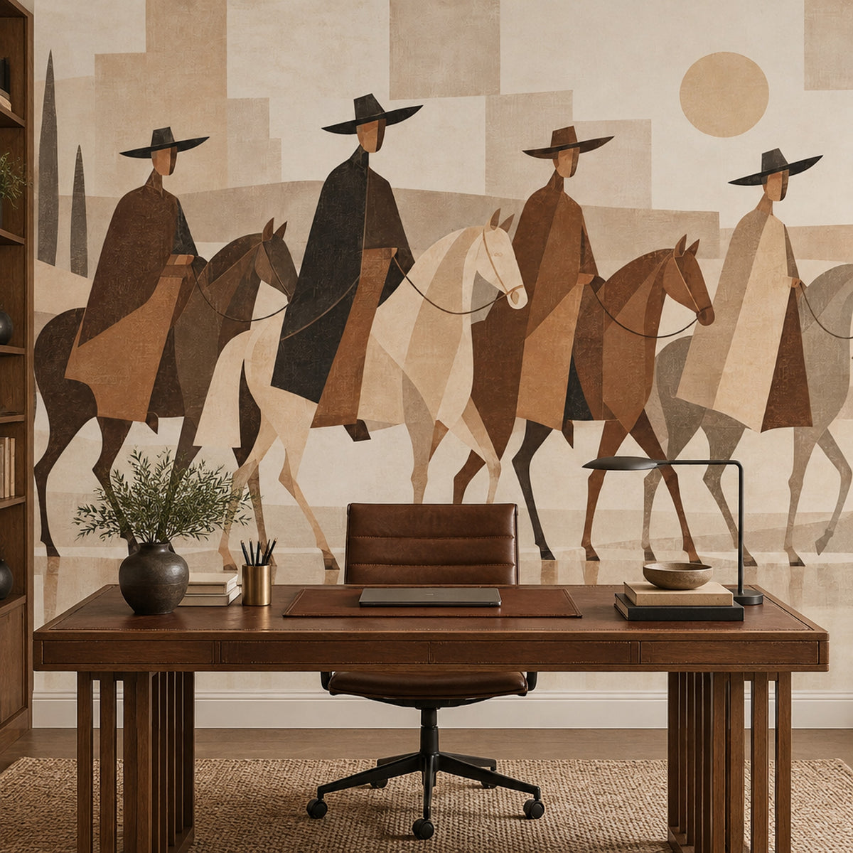 Abstract Horse Riders Wallpaper Mural In Beige Rustic Geometric Style
