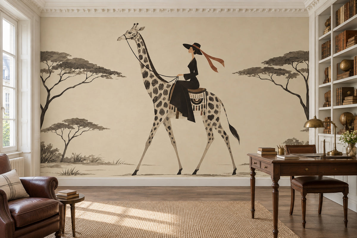 Giraffe Rider Wallpaper Mural In Cream Beige Vintage Inspired Safari Style