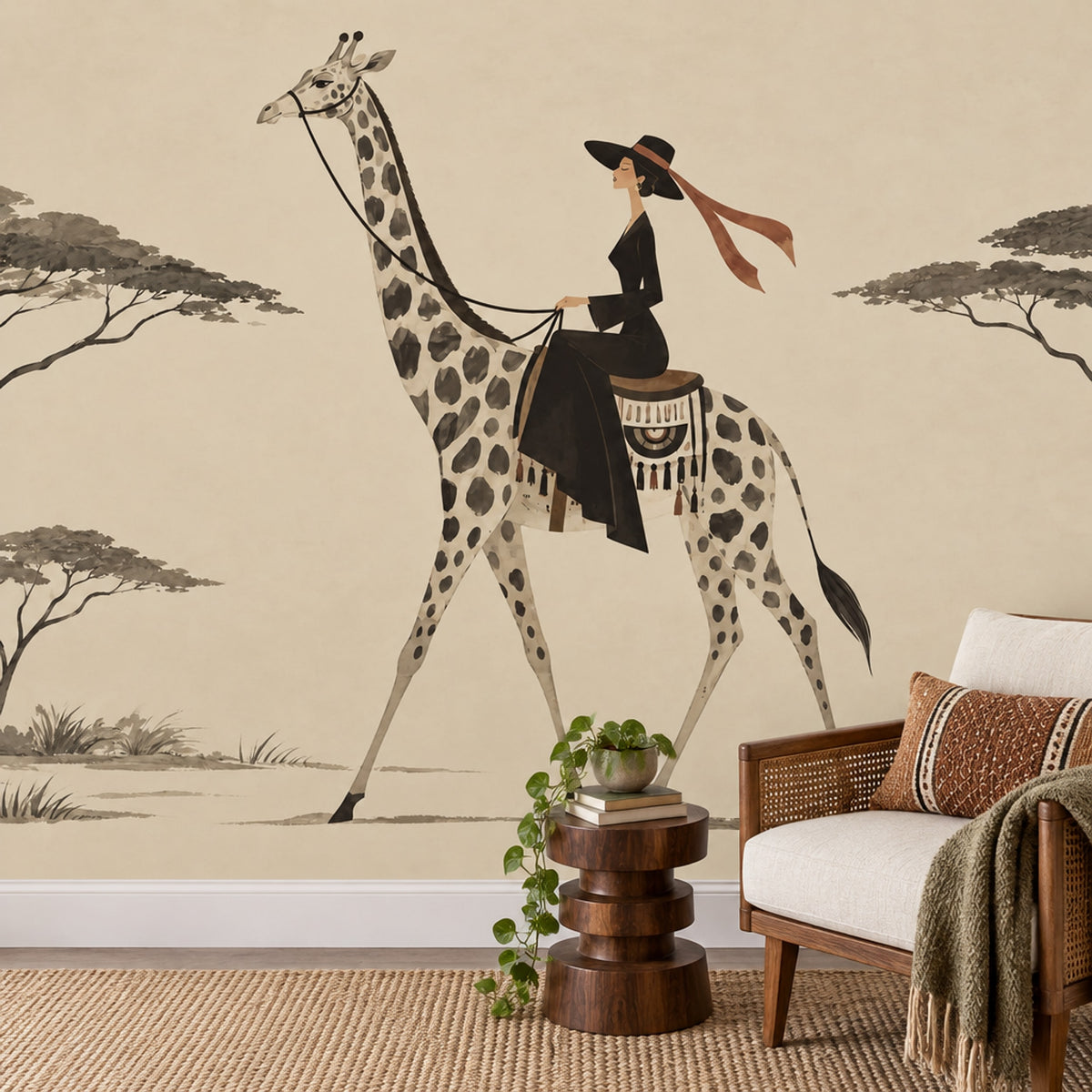 Giraffe Rider Wallpaper Mural In Cream Beige Vintage Inspired Safari Style