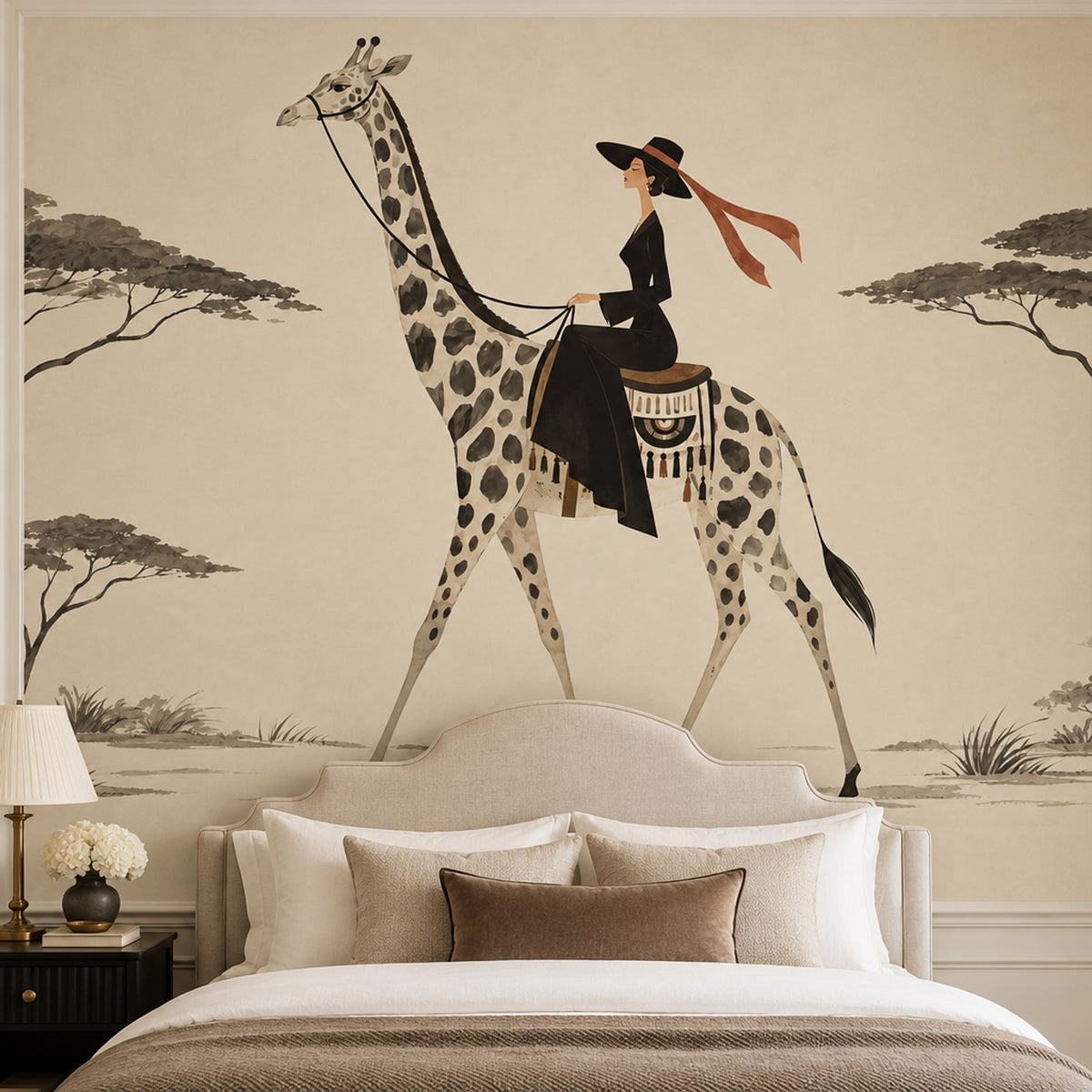 Giraffe Rider Wallpaper Mural In Cream Beige Vintage Inspired Safari Style