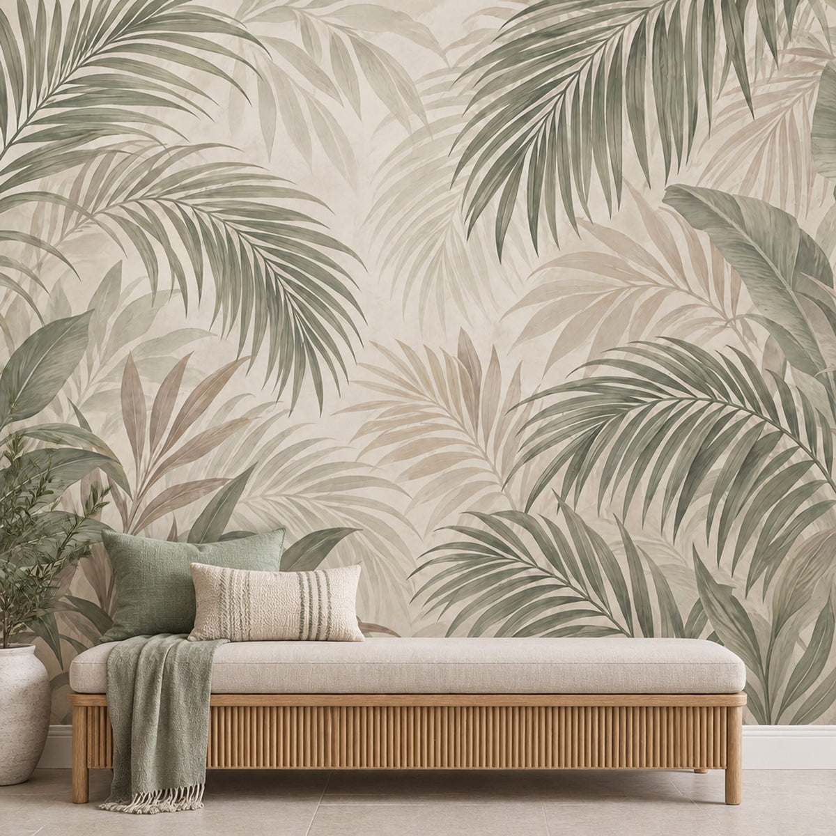 Layered Tropical Leaves Wallpaper Mural Sage Green Watercolor Neutrals