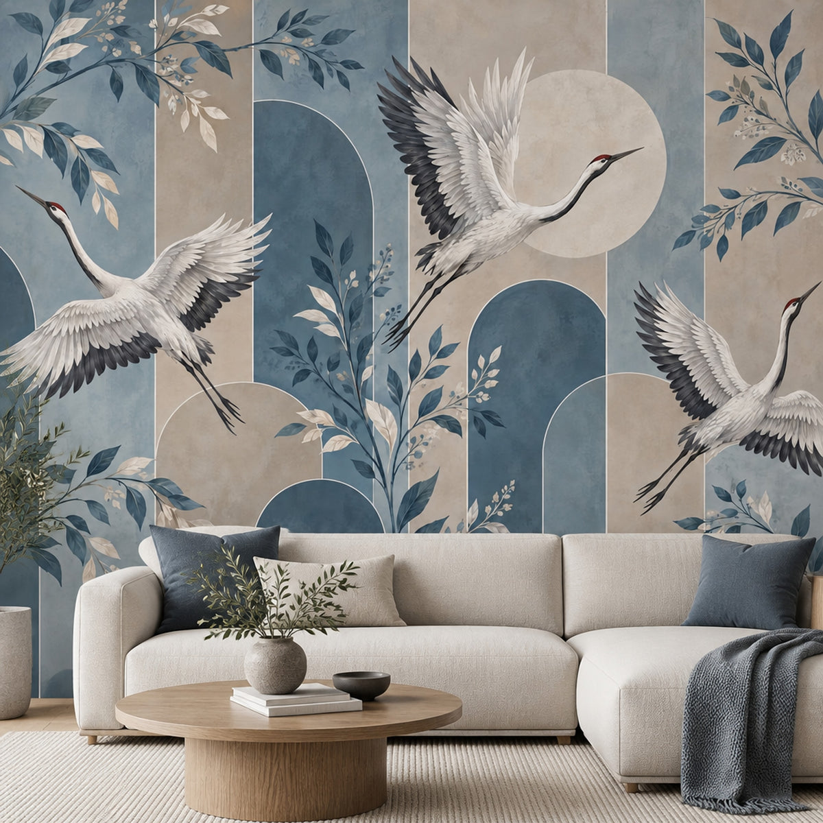 Flying White Cranes Wallpaper Mural Muted Blue Chinoiserie Arches