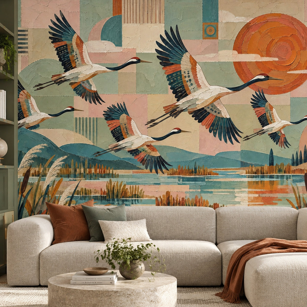 Flying Cranes Wallpaper Mural In Pastel Geometric Wetland With Orange Sun