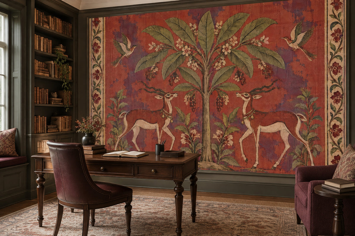 Tree Of Life With Gazelles Wallpaper Mural: Vintage Inspired Rust Red