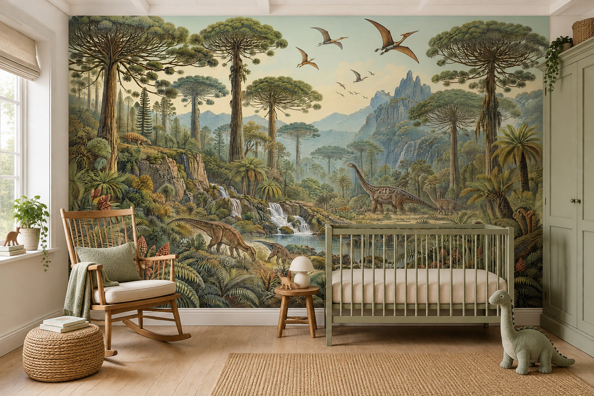 Prehistoric Jungle Dinosaurs Wallpaper Mural Vintage Inspired Illustration