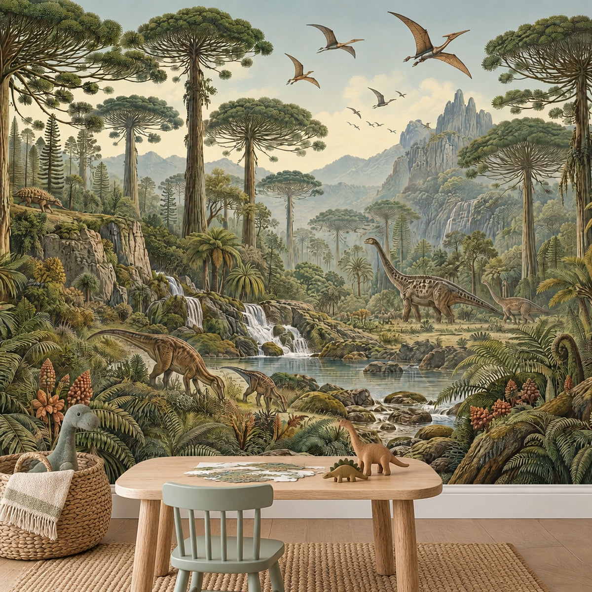 Prehistoric Jungle Dinosaurs Wallpaper Mural Vintage Inspired Illustration