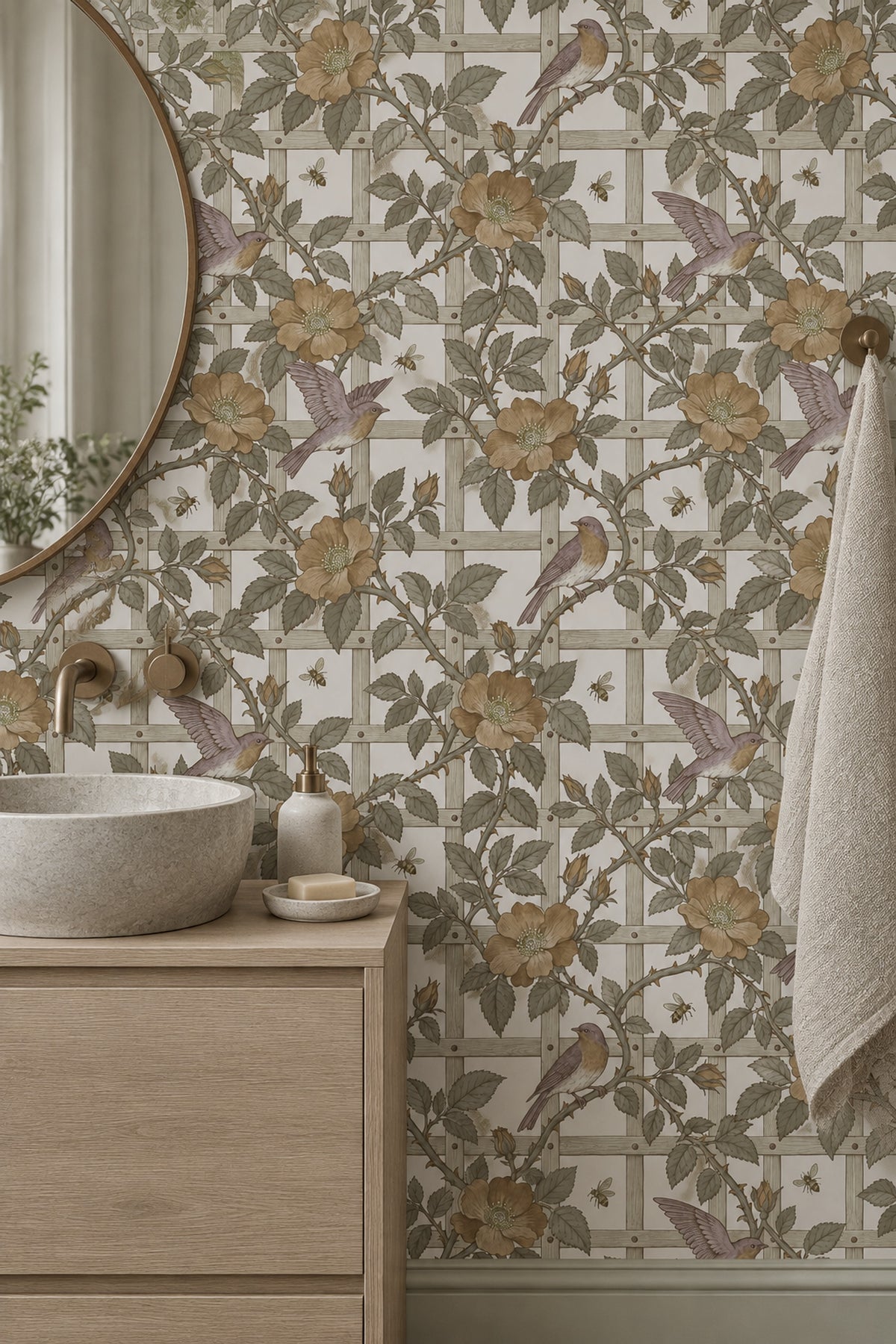 Rose Vines And Birds Wallpaper Trellis Pattern In Cream And Sage Green