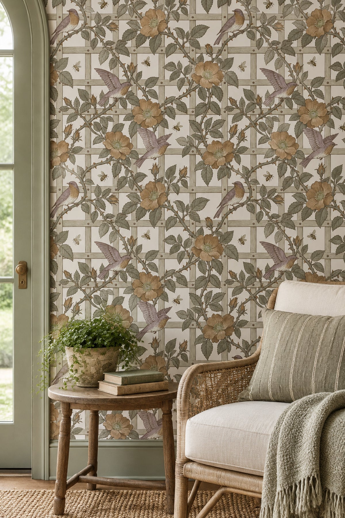 Rose Vines And Birds Wallpaper Trellis Pattern In Cream And Sage Green