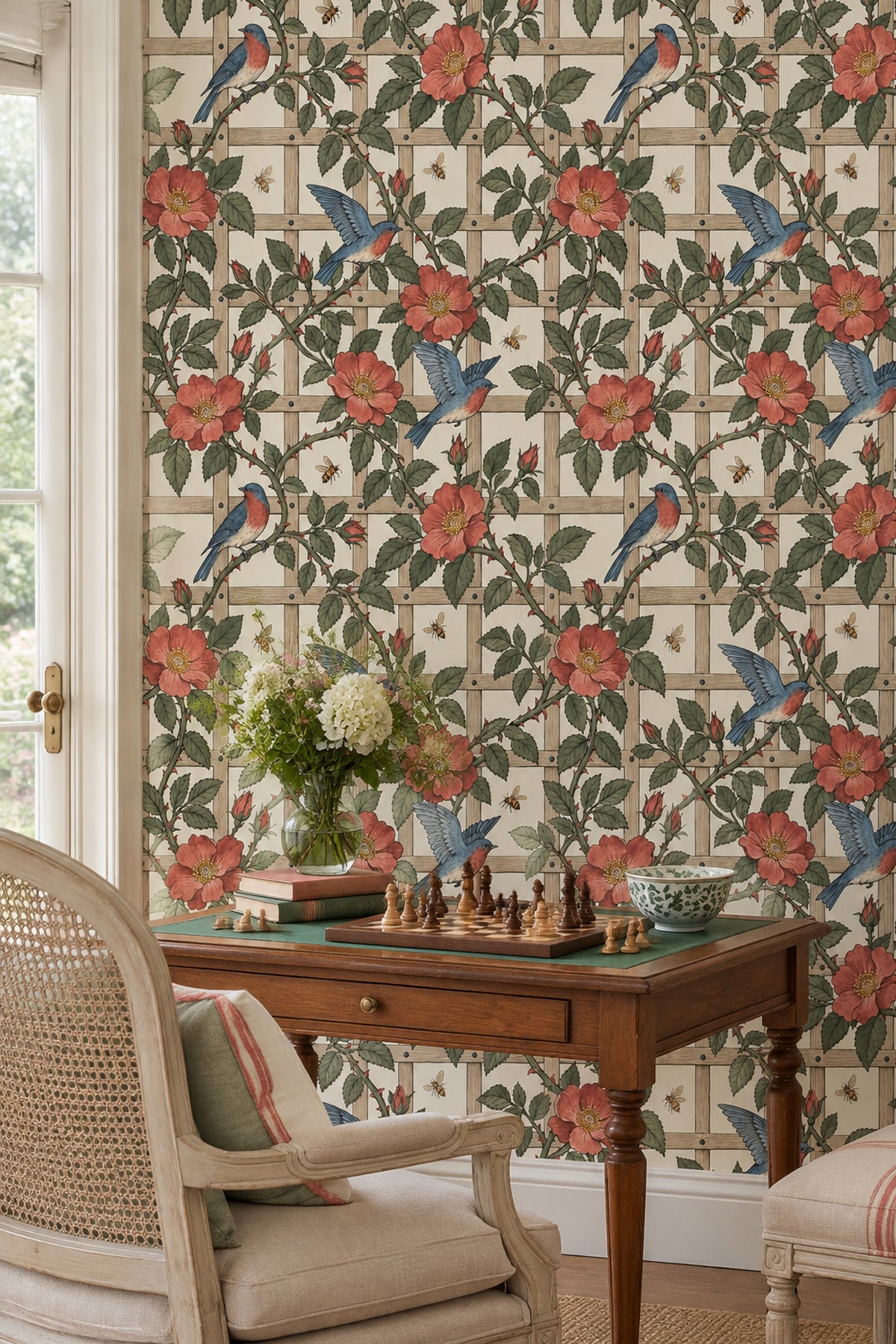 Wild Rose And Songbird Wallpaper Muted Green Vines On Cream Trellis