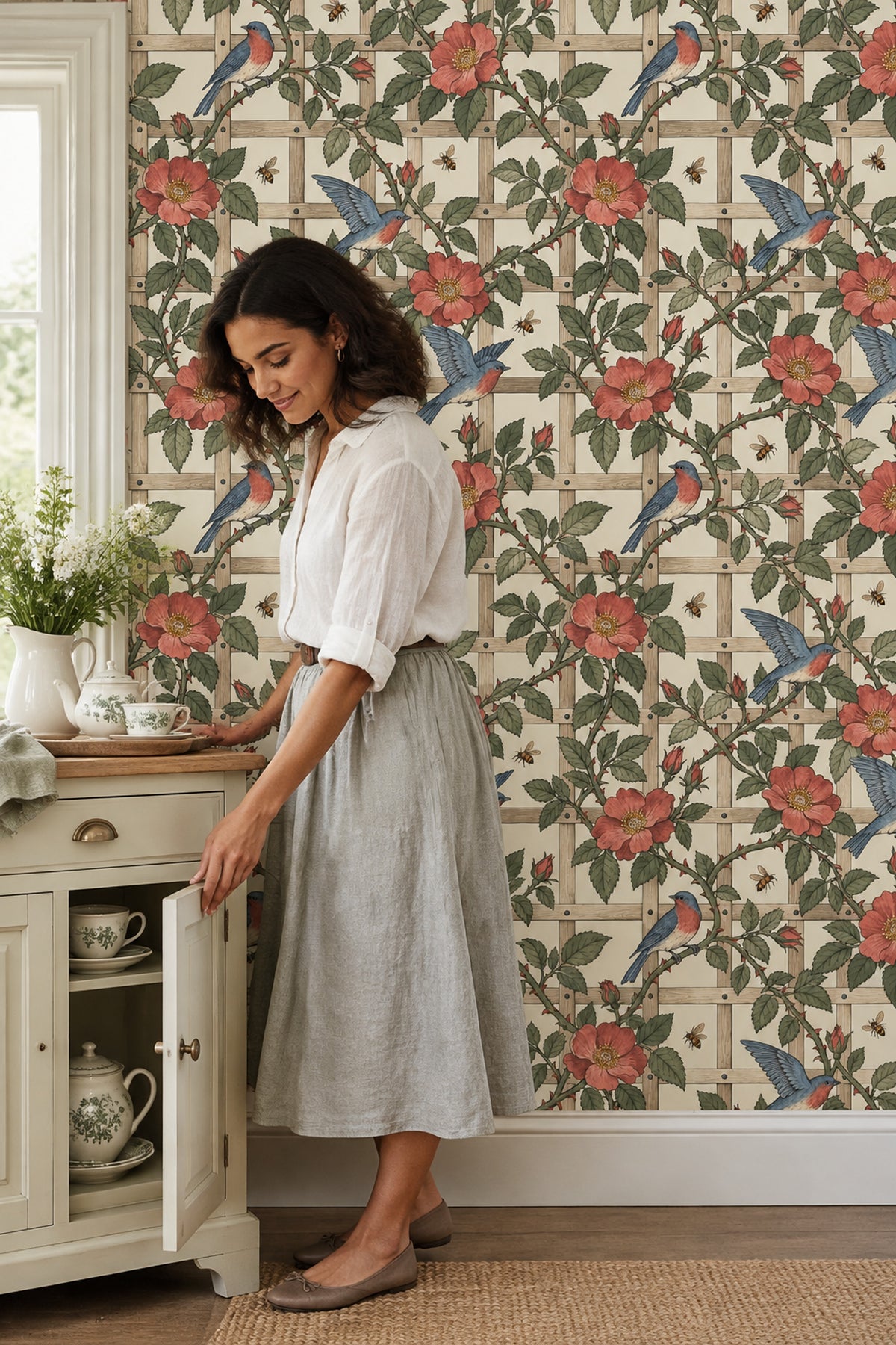 Wild Rose And Songbird Wallpaper Muted Green Vines On Cream Trellis
