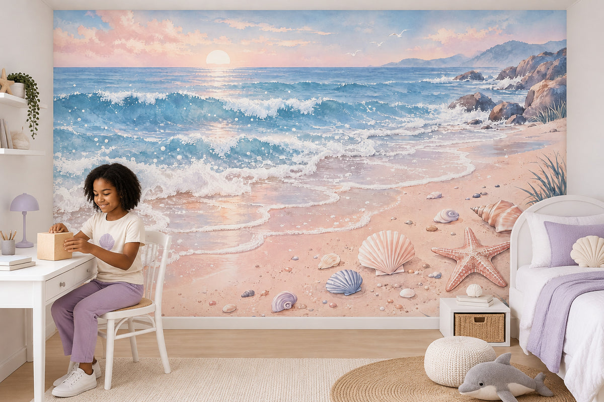 Pastel Ocean Waves Wallpaper Mural Watercolor Beach Sunset