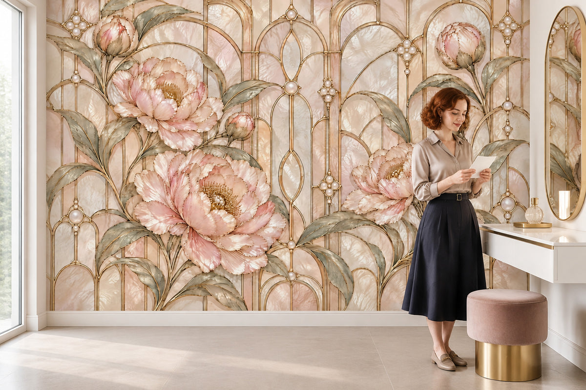 Pink Peonies Wallpaper Mural, Gold Art Deco Arches