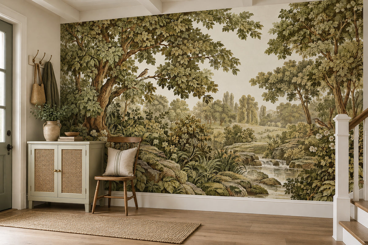 Vintage Inspired Woodland Stream And Birds Wallpaper Mural In Olive Green