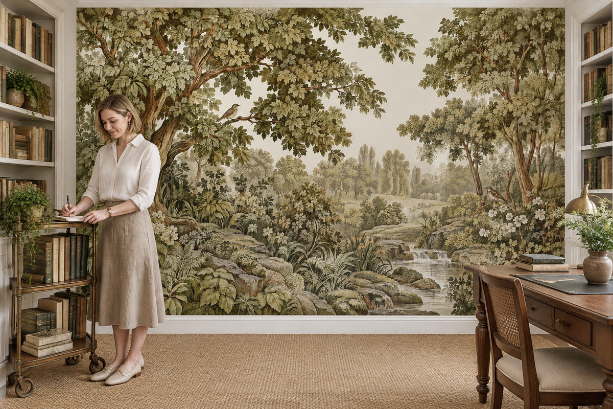Vintage Inspired Woodland Stream And Birds Wallpaper Mural In Olive Green