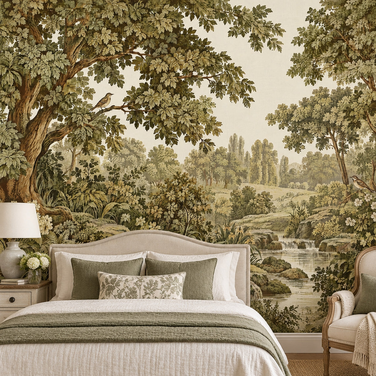 Vintage Inspired Woodland Stream And Birds Wallpaper Mural In Olive Green