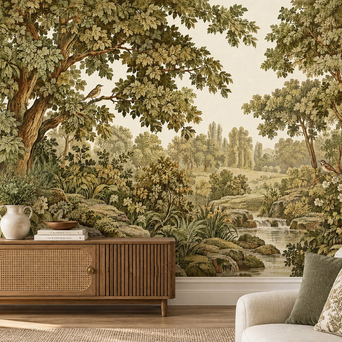 Vintage Inspired Woodland Stream And Birds Wallpaper Mural In Olive Green