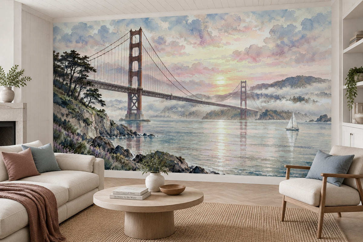 Golden Gate Bridge Wallpaper Mural Watercolor: Pastel Sunset Bay