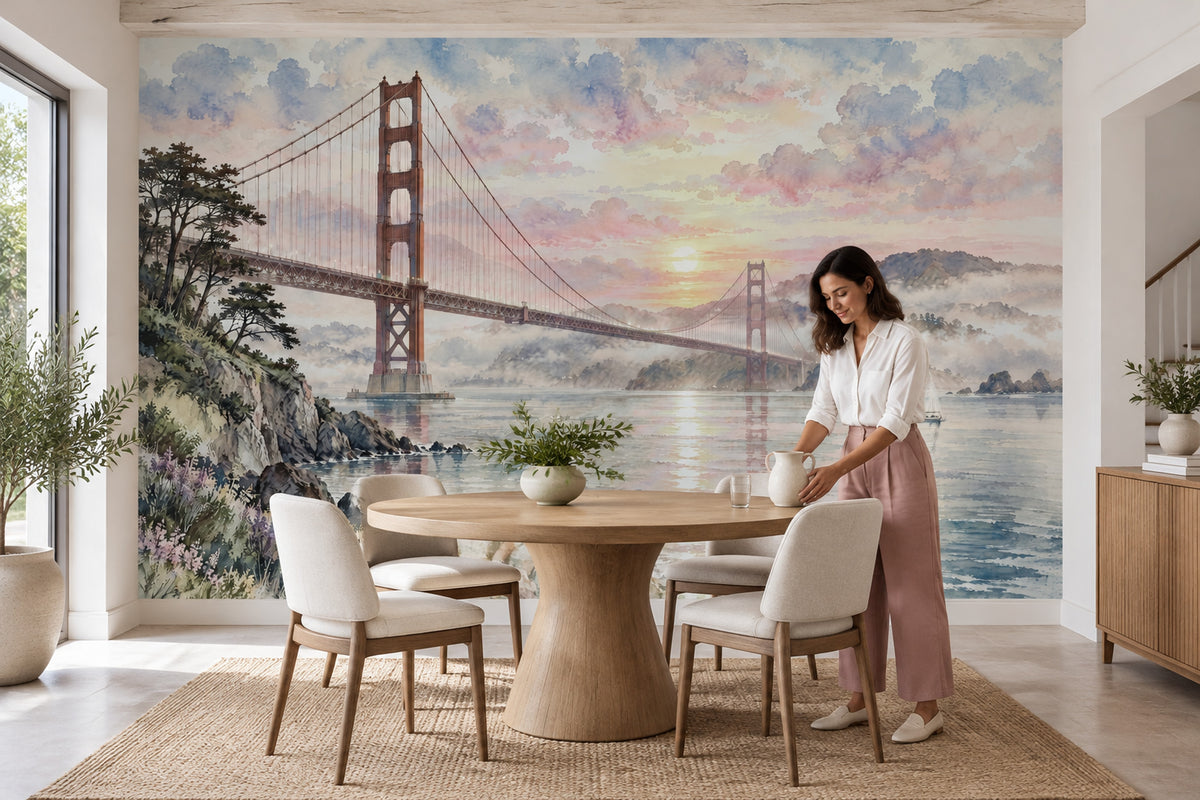 Golden Gate Bridge Wallpaper Mural Watercolor: Pastel Sunset Bay