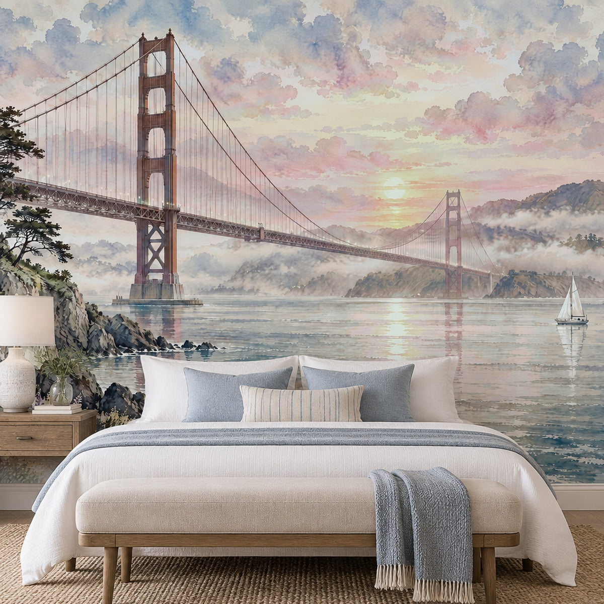 Golden Gate Bridge Wallpaper Mural Watercolor: Pastel Sunset Bay