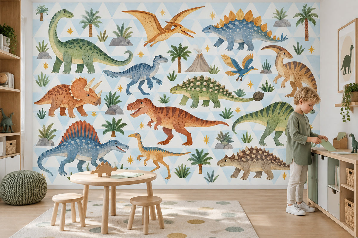 Cute Watercolor Dinosaurs Wallpaper Mural Pastel Blue Geometric Triangles