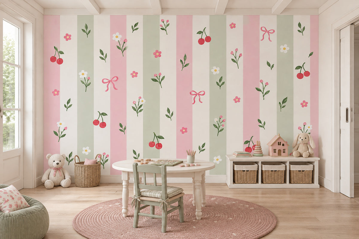 Pastel Stripes With Flowers Cherries And Bows Wallpaper Mural Pink And Sage