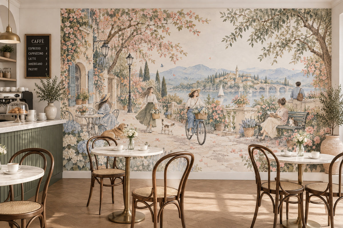 Mediterranean Terrace Scene Wallpaper Mural Pastel Watercolor, Sailboats And Floral Garden